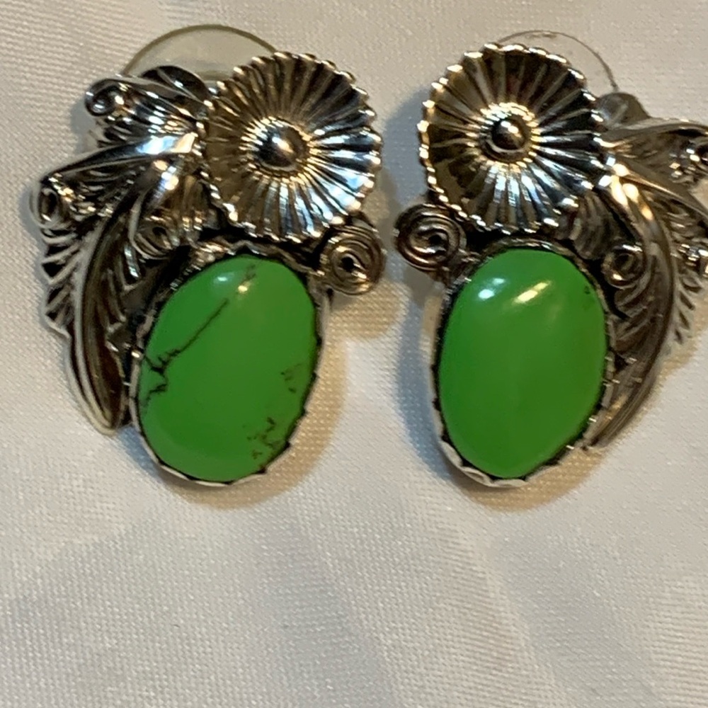 Native American Green Turquoise Leaf Earrings Sterling Silver Corbet Joe